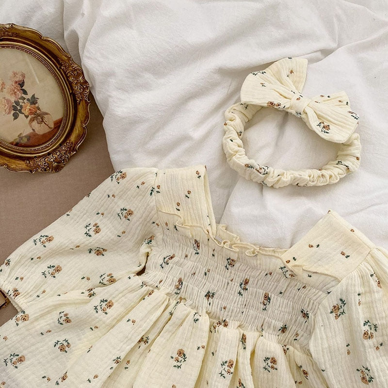 Floral Vintage Romper Dress with Bow Headband