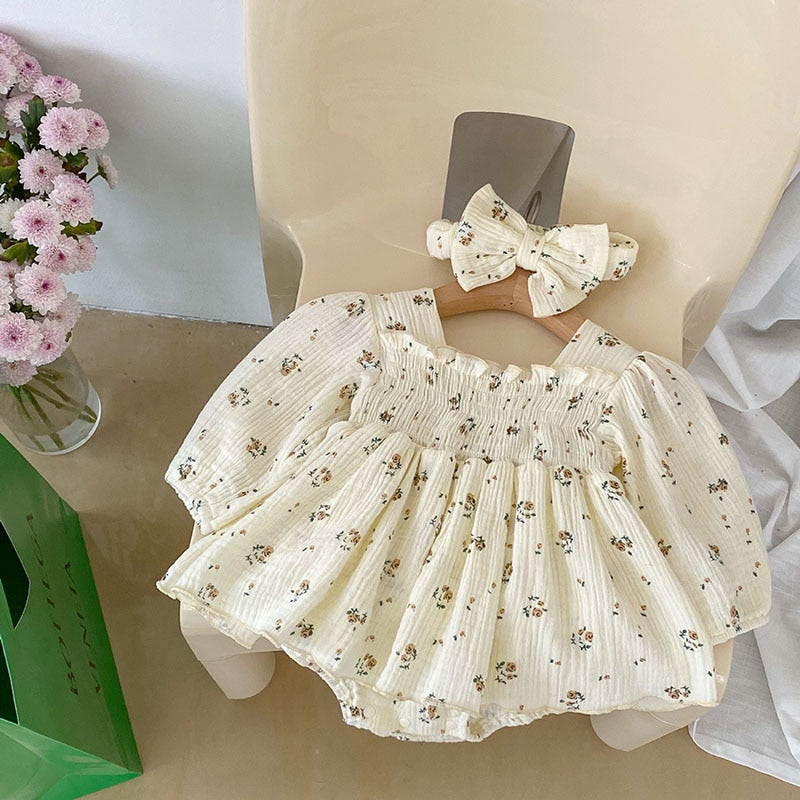 Floral Vintage Romper Dress with Bow Headband