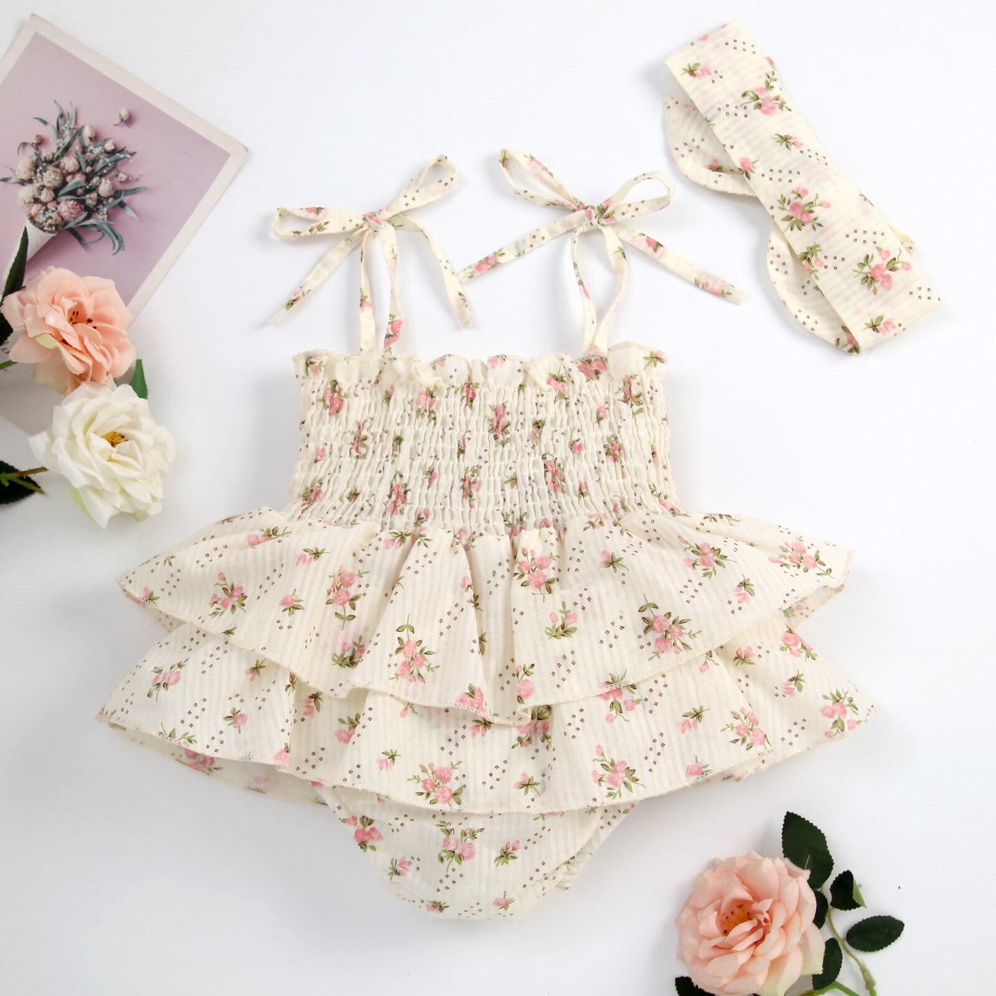 Floral Ruffled Romper Dress with Headband